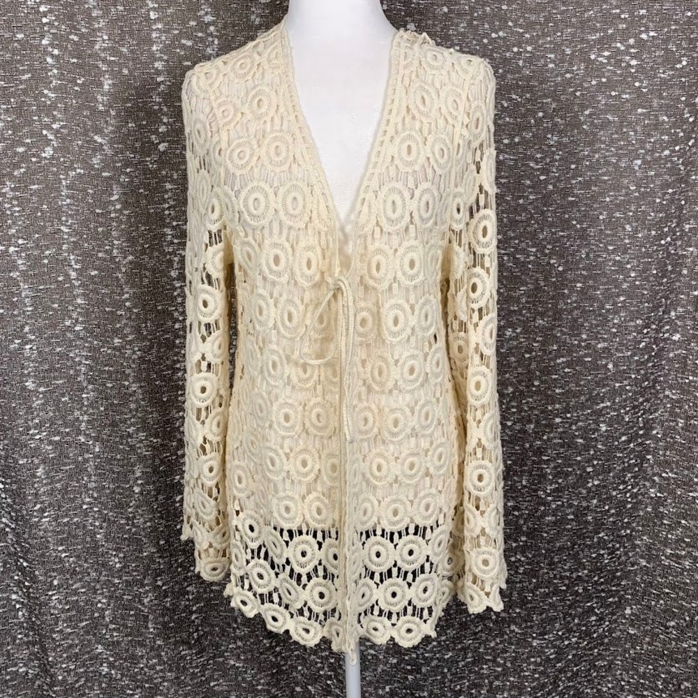 Toffee Apple Cream Crochet Tie Front Cardigan Boho Festival Women's XXL